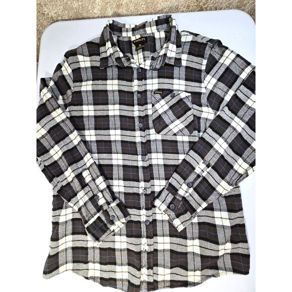Stanley Men’s XL Plaid Flannel Shirt Cotton Long Sleeve Button Up Pockets Brown